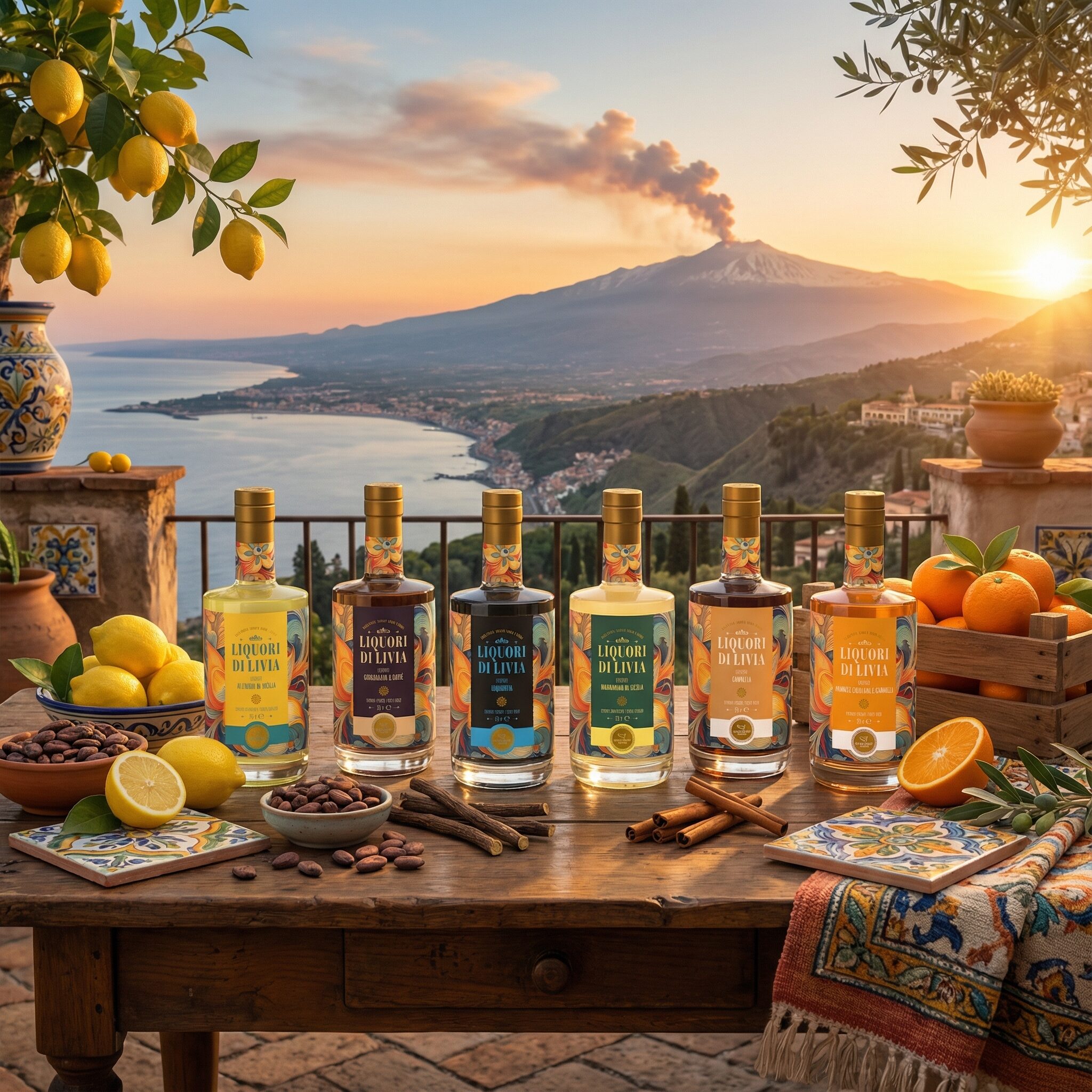 Visual del progetto Liquori di Livia con bottiglie della linea prodotti ambientate in un contesto mediterraneo, realizzato da Siquis per attività di branding, labeling e website design.