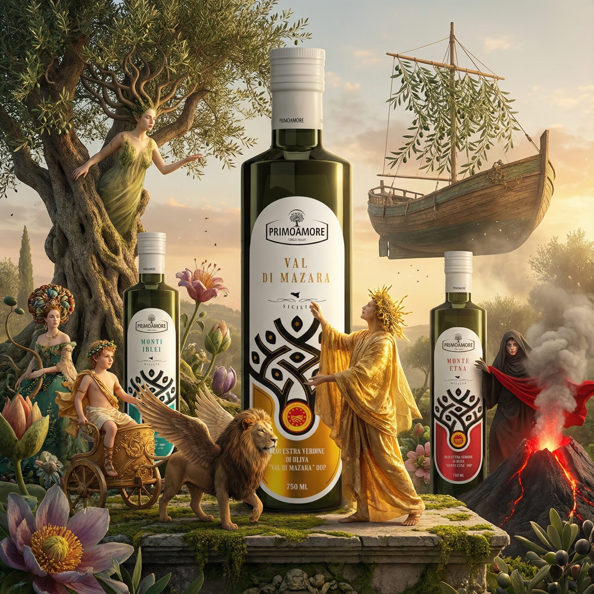 Visual del progetto Primo Amore con bottiglie di olio ambientate in una scena evocativa ispirata alla Sicilia, realizzato da Siquis per attività di branding, labeling e website design.