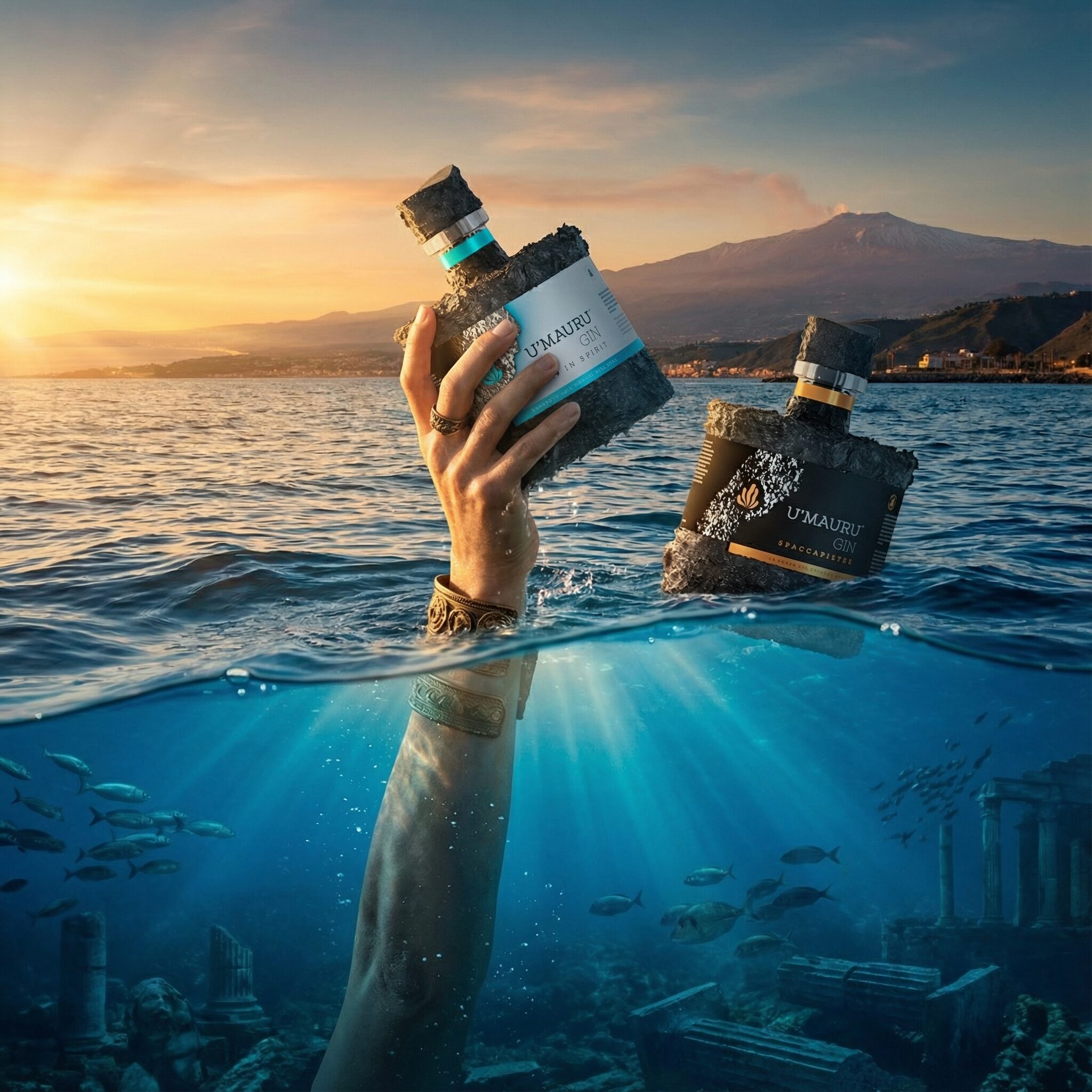 Bottiglie di Umauru Gin in una scena pubblicitaria cinematografica con mare e fondali sommersi, progetto di labeling, sito web, visual 3D, spot e fotografia realizzato da Siquis