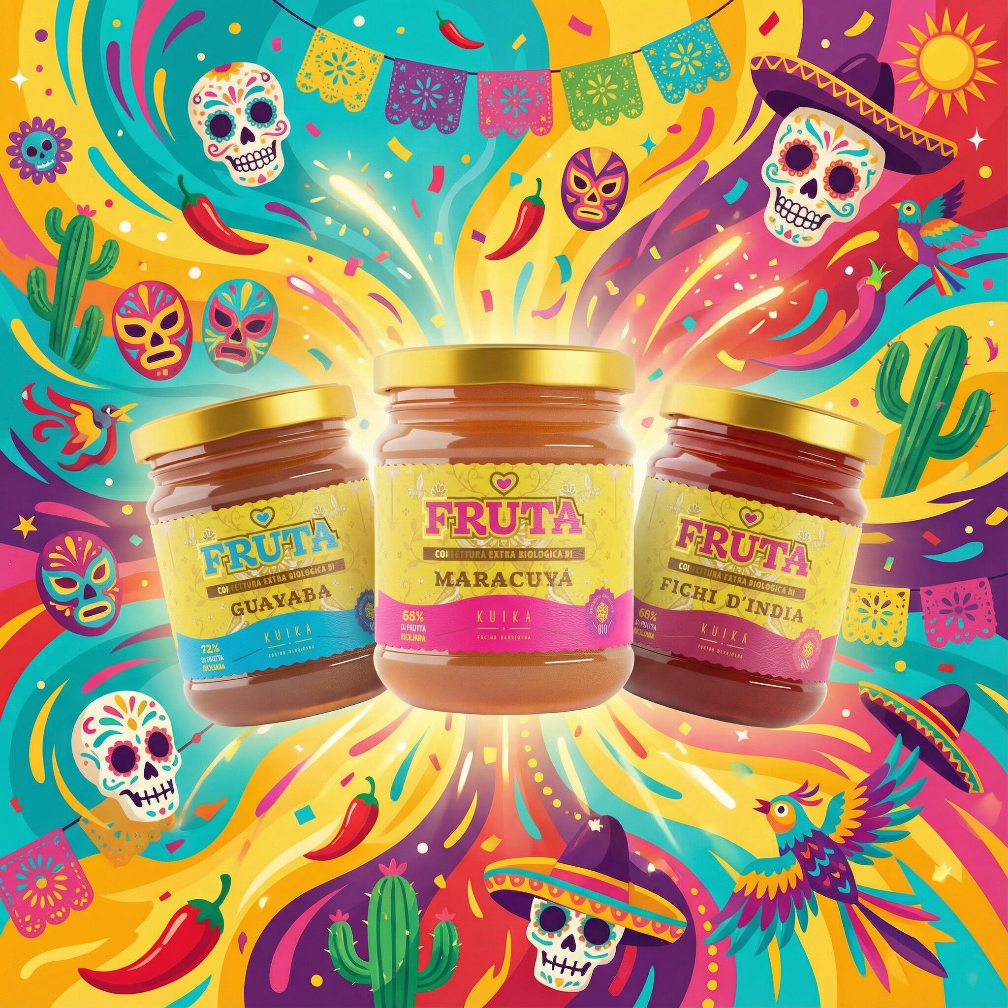 Visual del progetto KUIKA con vasetti di confettura ambientati in un’immagine colorata e vivace ispirata a un immaginario festoso e tropicale, realizzato da Siquis per attività di branding, photo, labeling, packaging e website design.