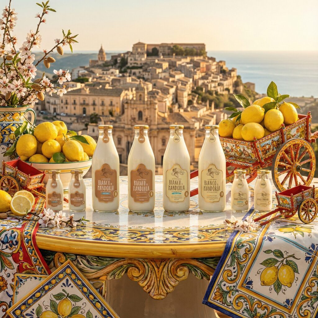 Visual del progetto Bianco di Mandorla con bottiglie ambientate in un contesto mediterraneo ricco di limoni, maioliche e panorama siciliano, realizzato da Siquis per attività di labeling e website design.