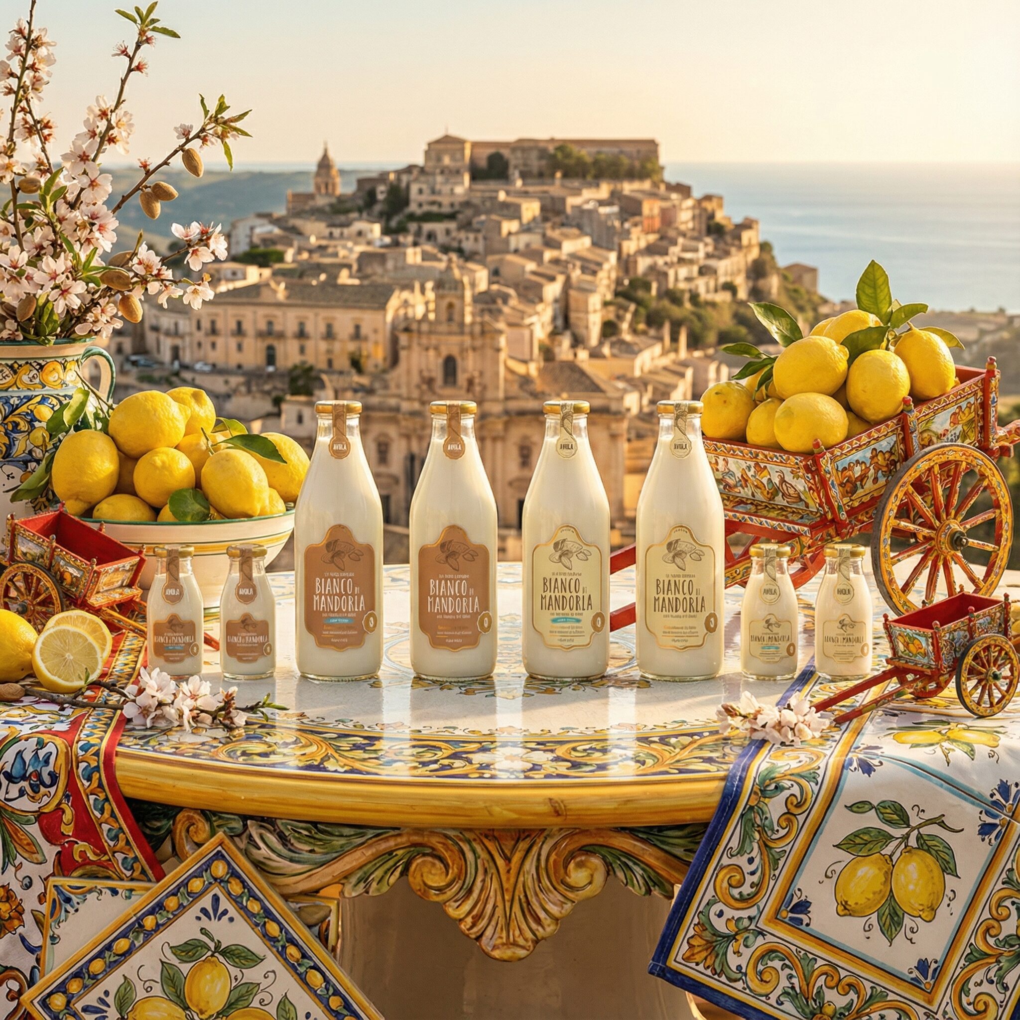 Visual del progetto Bianco di Mandorla con bottiglie ambientate in un contesto mediterraneo ricco di limoni, maioliche e panorama siciliano, realizzato da Siquis per attività di labeling e website design.