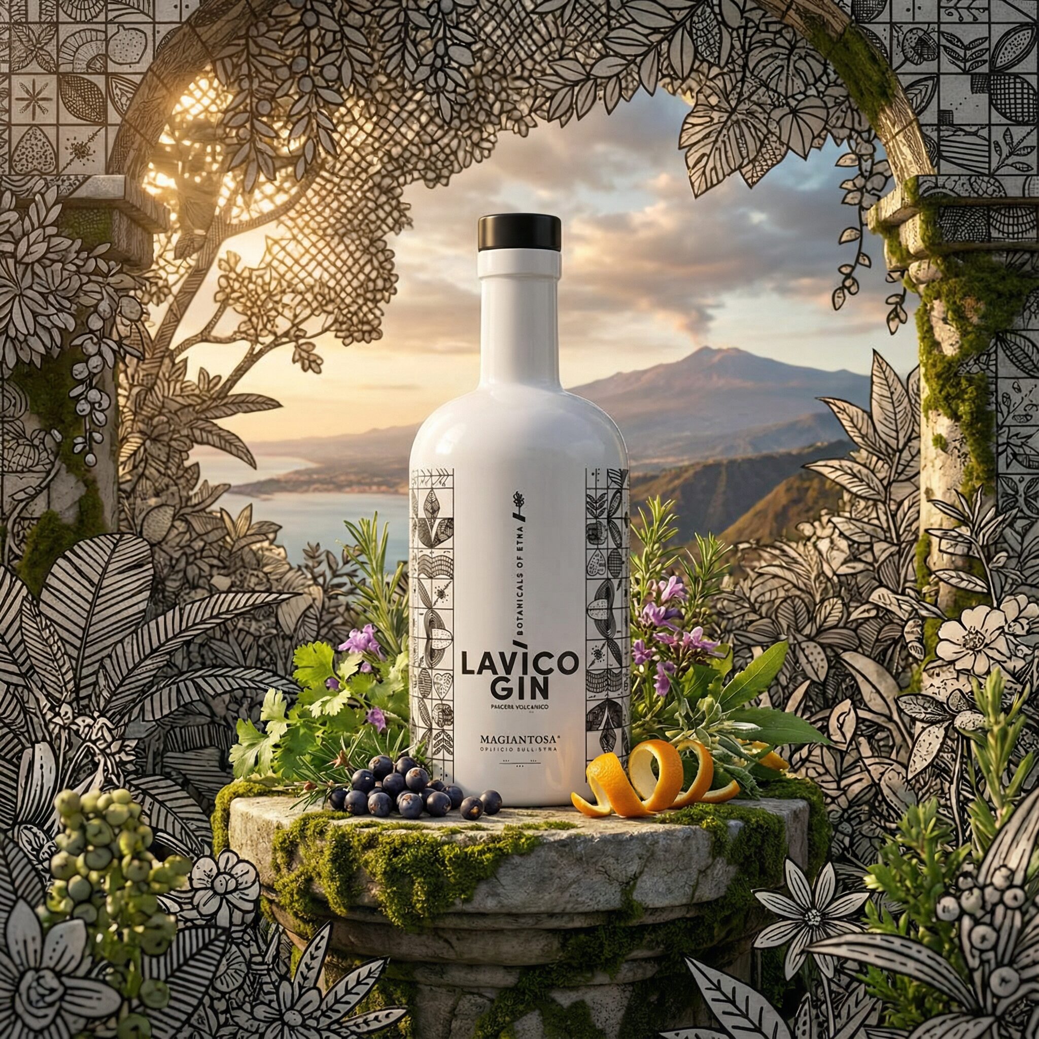 Visual del progetto Lavico Gin con bottiglia ambientata in una scena botanica ed evocativa ispirata al territorio, realizzato da Siquis per attività di labeling design.