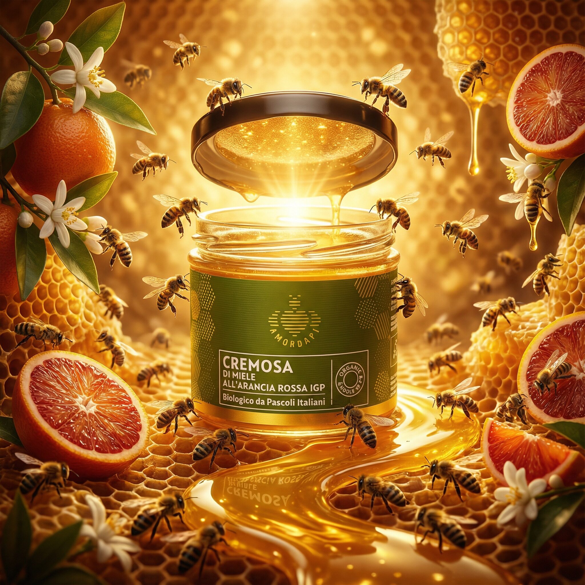 Visual del progetto Amordapi con vasetto di miele e arancia rossa ambientato tra api, agrumi e colate di miele, realizzato da Siquis per attività di labeling.