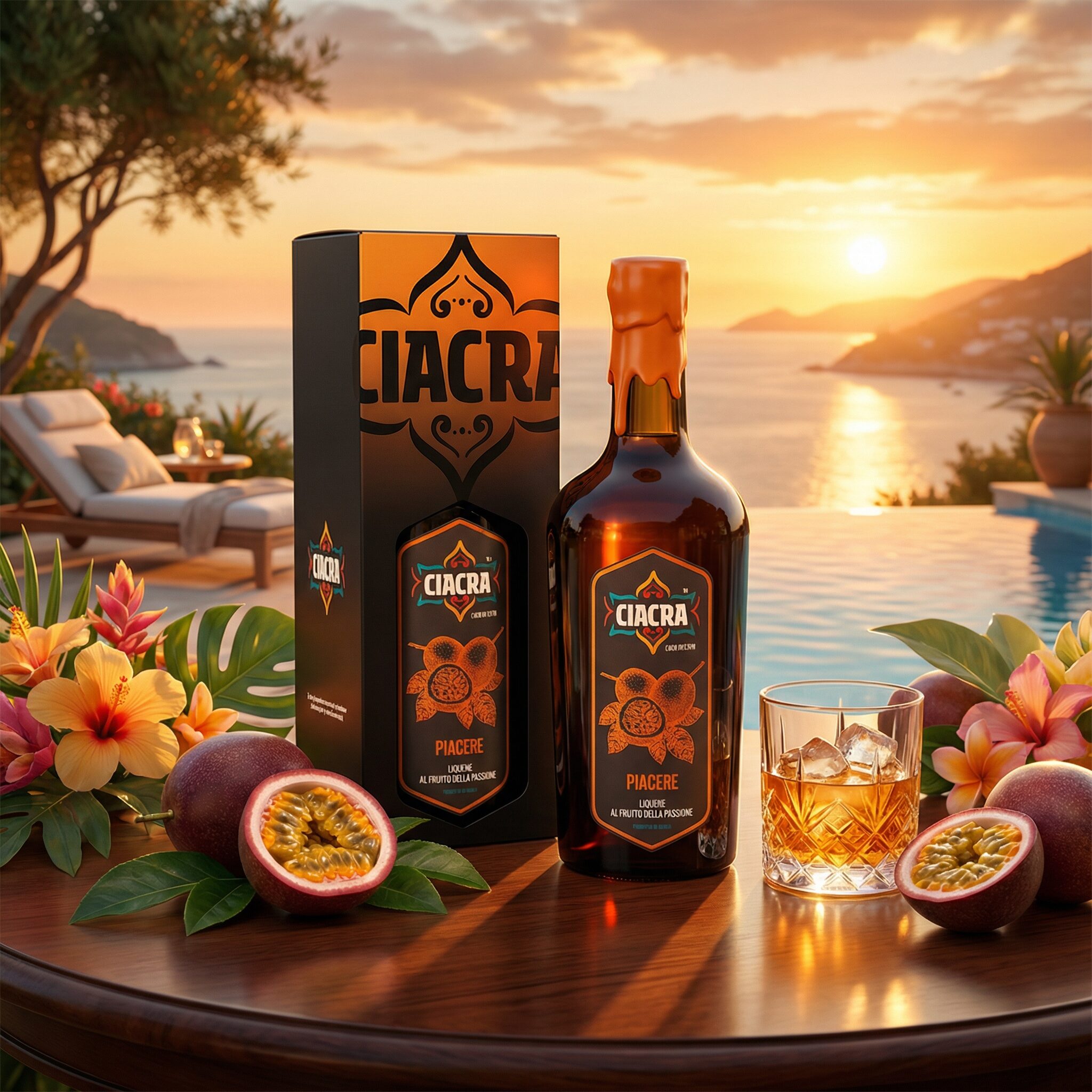 Visual del progetto Ciakra con bottiglia e packaging ambientati in un contesto elegante e mediterraneo, realizzato da Siquis per attività di labeling e packaging design.