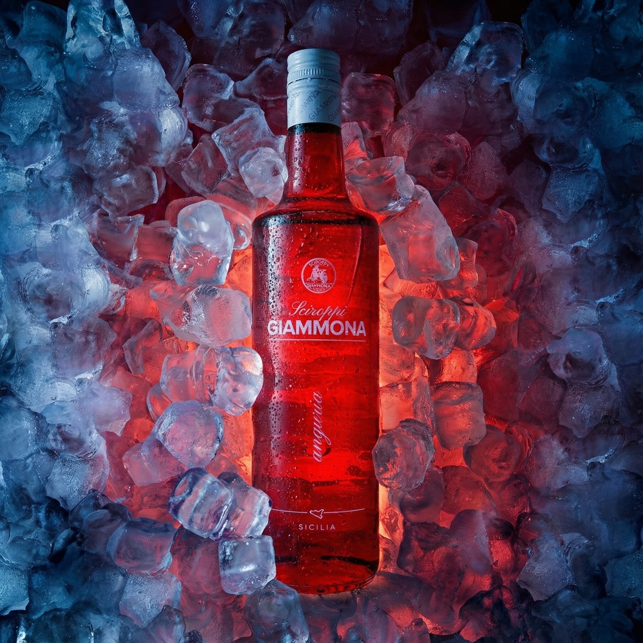 Visual del progetto Giammona con bottiglia di sciroppo rosso immersa nel ghiaccio, realizzato da Siquis per attività di labeling.