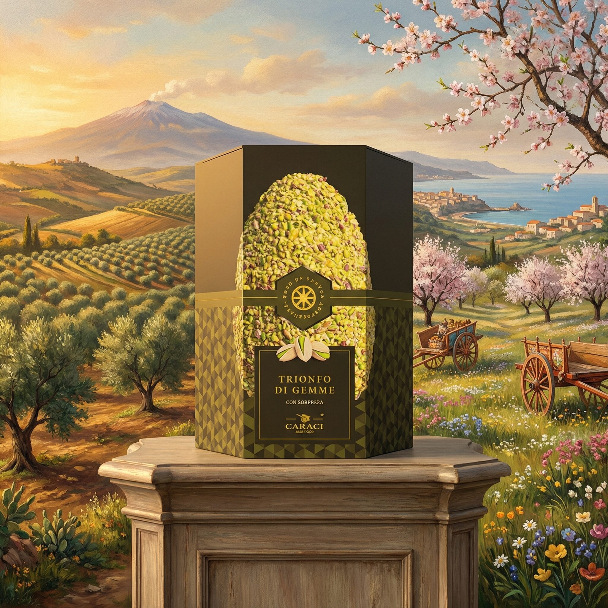 Packaging Caraci con confezione premium al pistacchio, progetto di packaging design ambientato nel paesaggio siciliano
