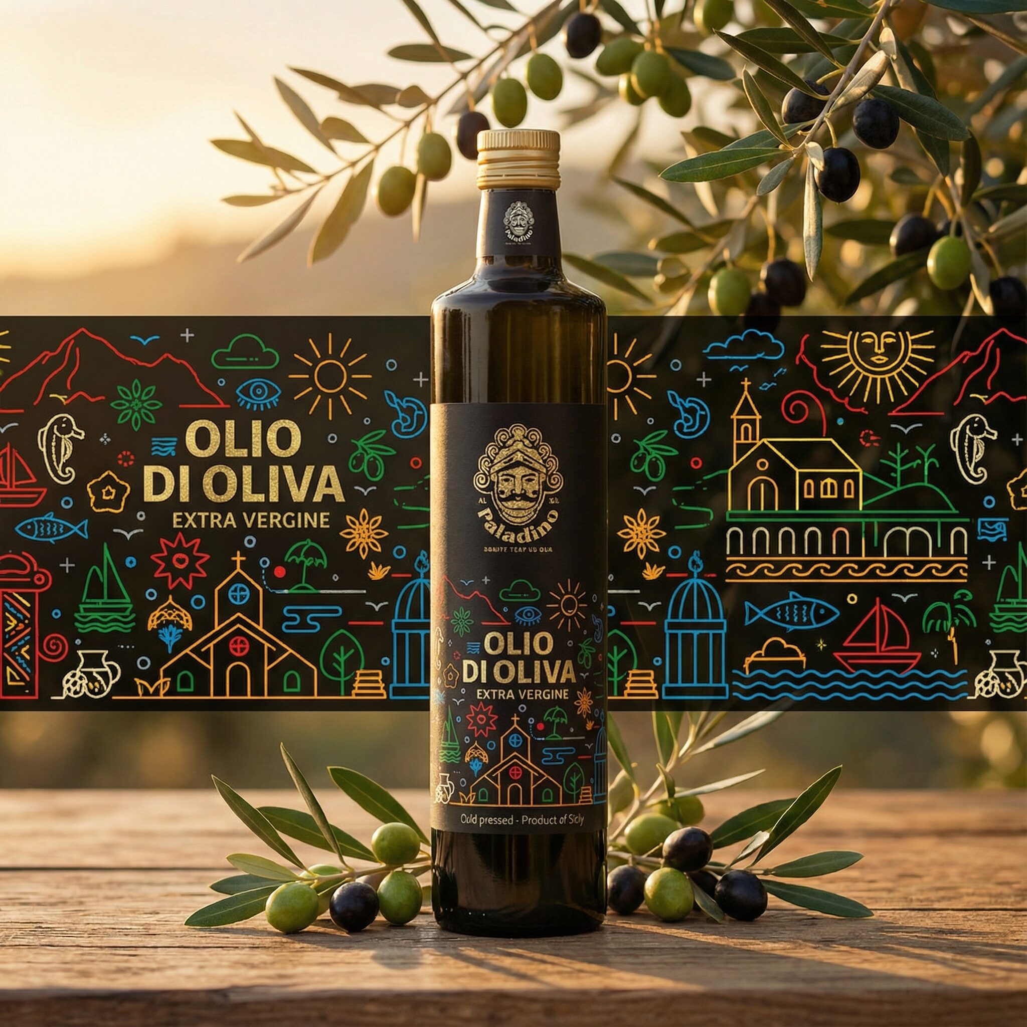 Bottiglia di olio extra vergine di oliva Al Paladino con etichetta illustrata e brand identity ispirata alla cultura mediterranea
