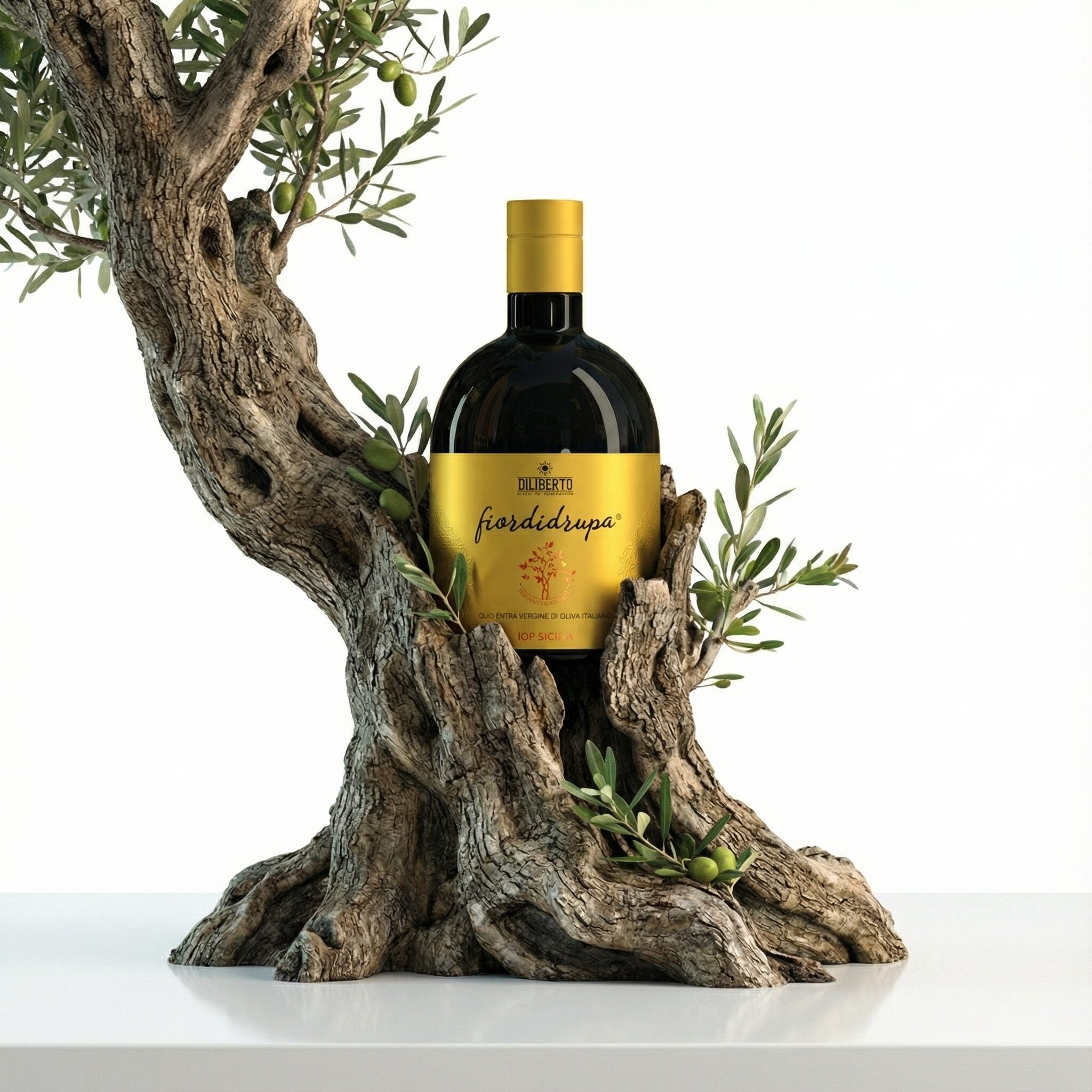 Bottiglia di olio extravergine Diliberto incastonata nel tronco di un ulivo, progetto di branding, labeling e packaging design