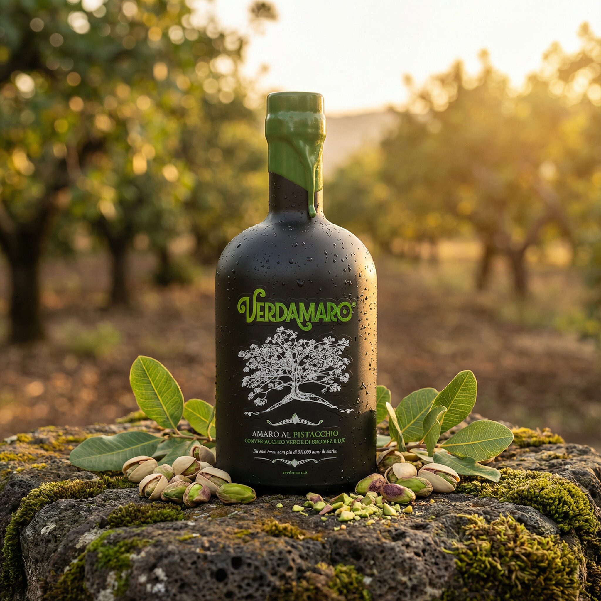 Bottiglia Verdamaro amaro al pistacchio con etichetta illustrata, progetto di labeling, packaging e illustrazioni realizzato da SiQuis.