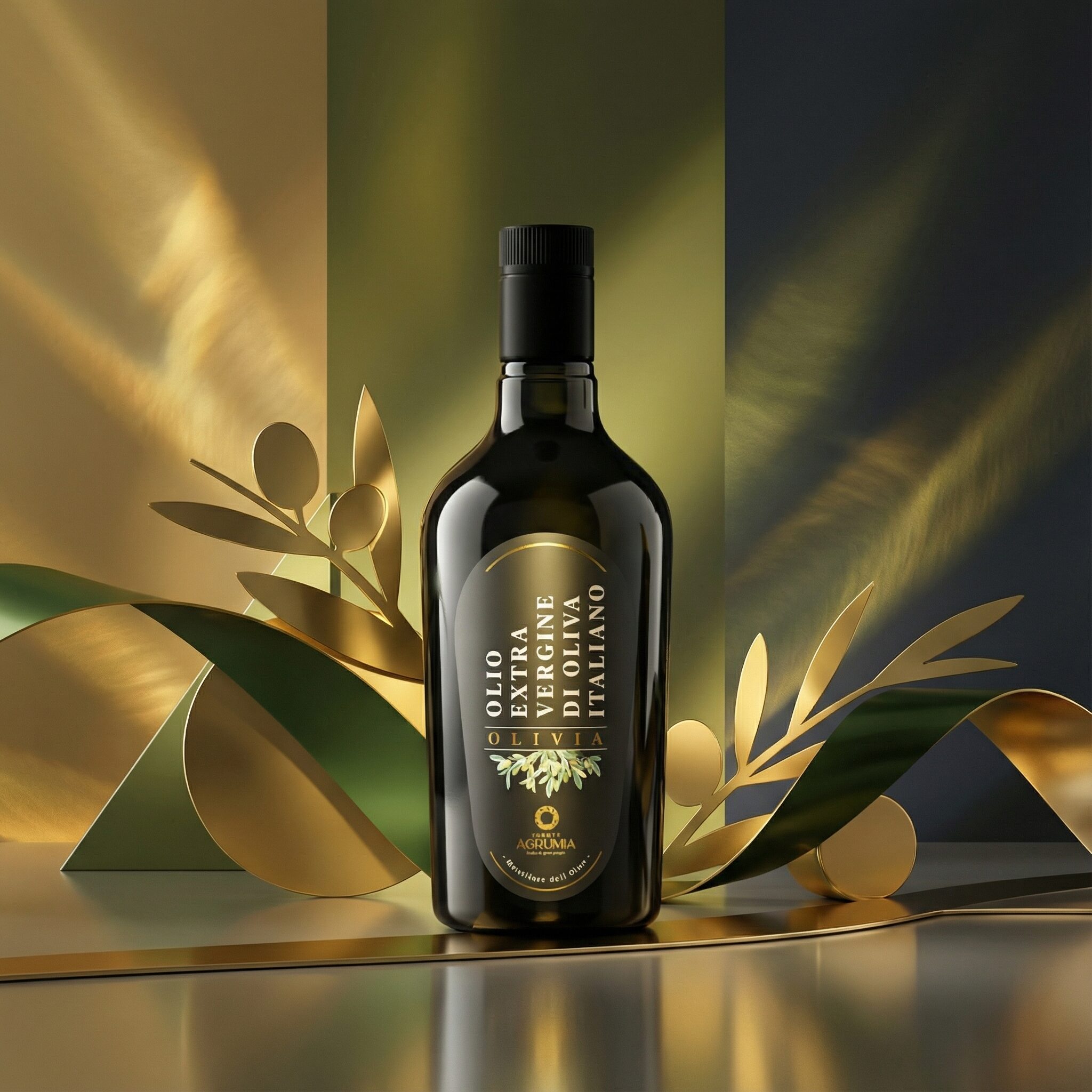 Visual del progetto Agrumia con bottiglia di olio extravergine d’oliva ambientata in una composizione elegante e contemporanea, realizzato da Siquis per attività di branding, labeling, packaging e website design.