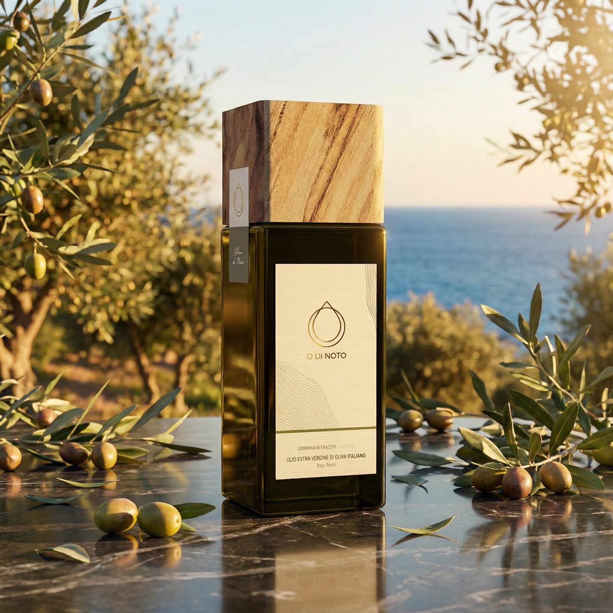 Visual del progetto O' di Noto con bottiglia di olio ambientata in un uliveto vista mare, realizzato da Siquis per attività di labeling.