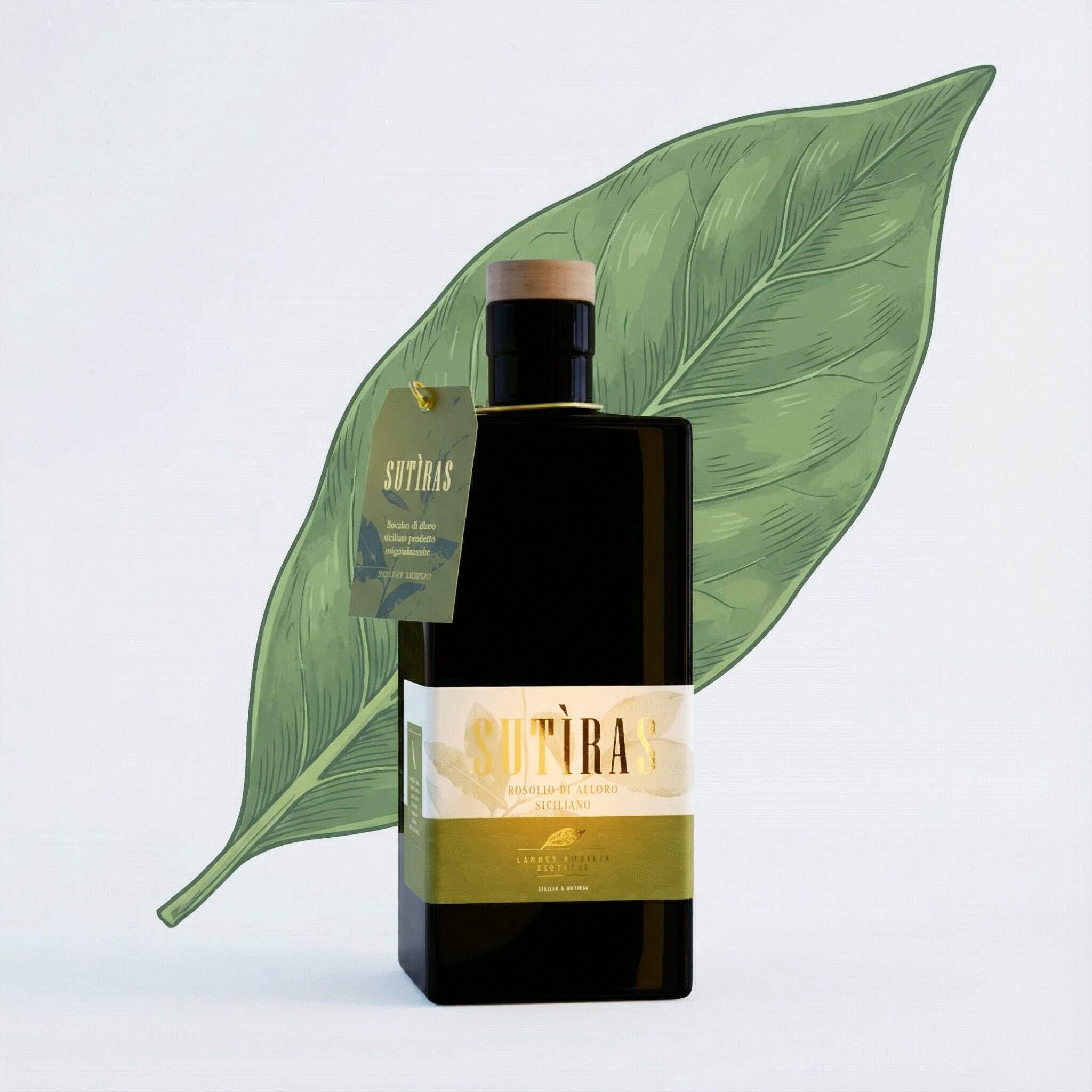 Bottiglia di rosolio siciliano Sutìras con etichetta illustrata, progetto di labeling e website design