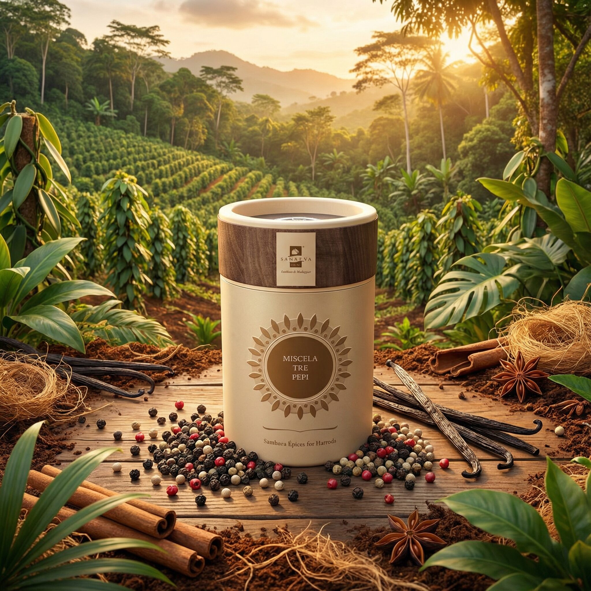 Confezione Sambava Epices miscela di spezie con packaging e labeling design, progetto realizzato da SiQuis.