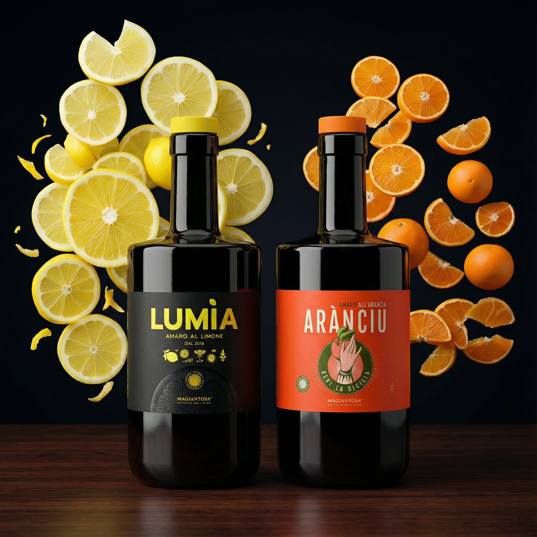 Amari artigianali Lumia e Aranciu con etichette personalizzate, fotografia di prodotto e concept visivo agrumato su fondo scuro