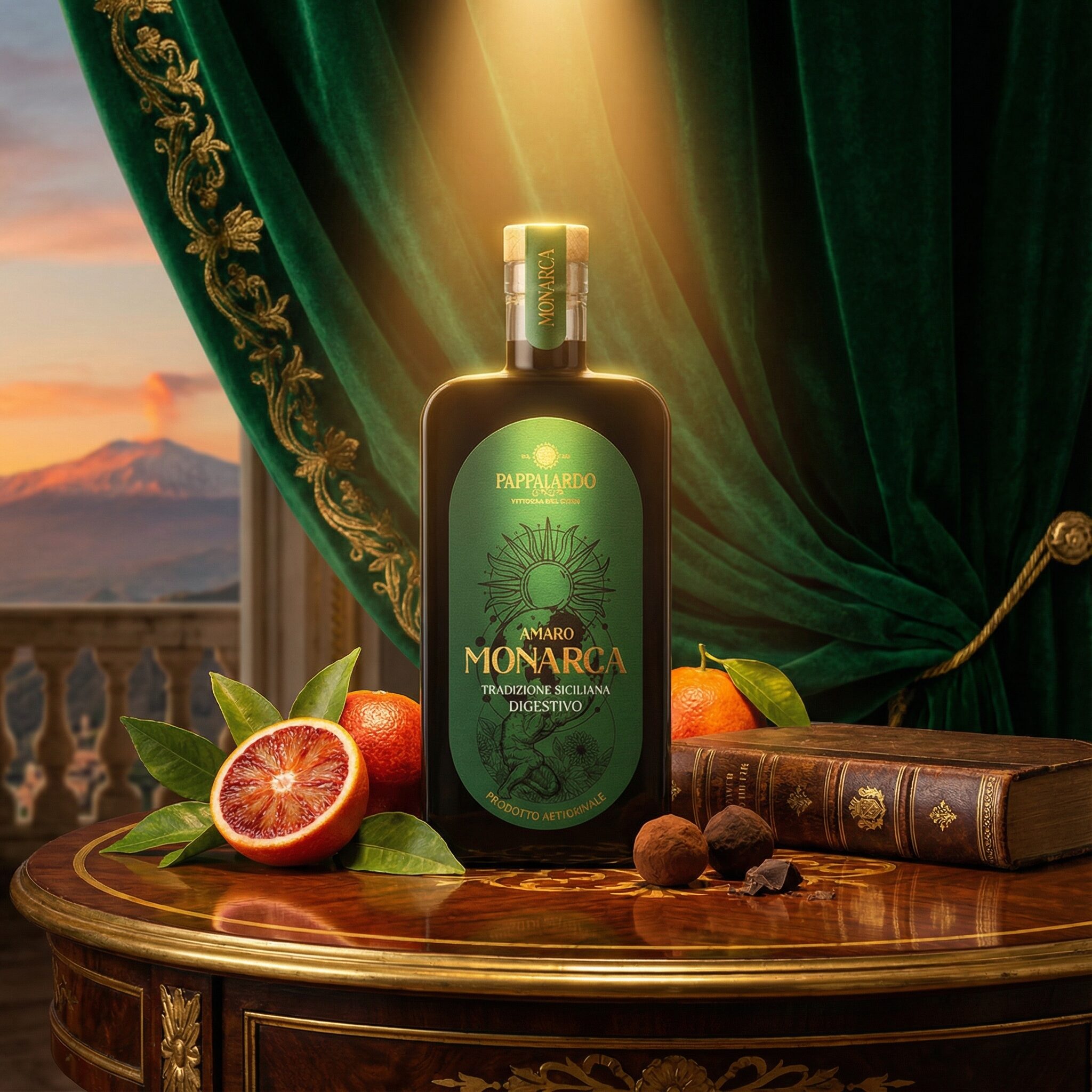 Bottiglia di Amaro Monarca con etichetta verde elegante, ambientazione scenografica ispirata alla tradizione siciliana