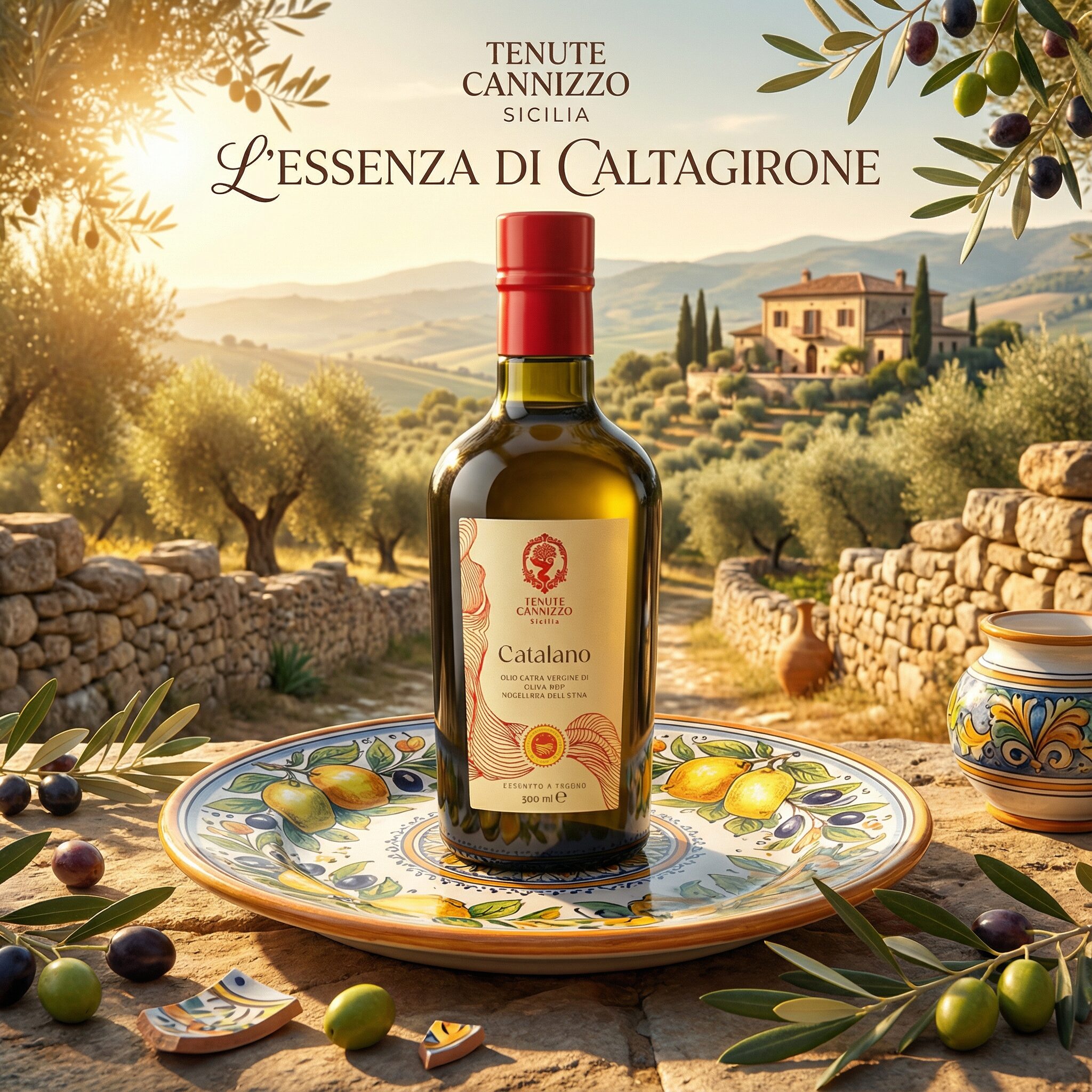Bottiglia di olio extravergine Tenute Cannizzo su piatto in ceramica siciliana, uliveto sullo sfondo, progetto di branding, labeling e packaging design