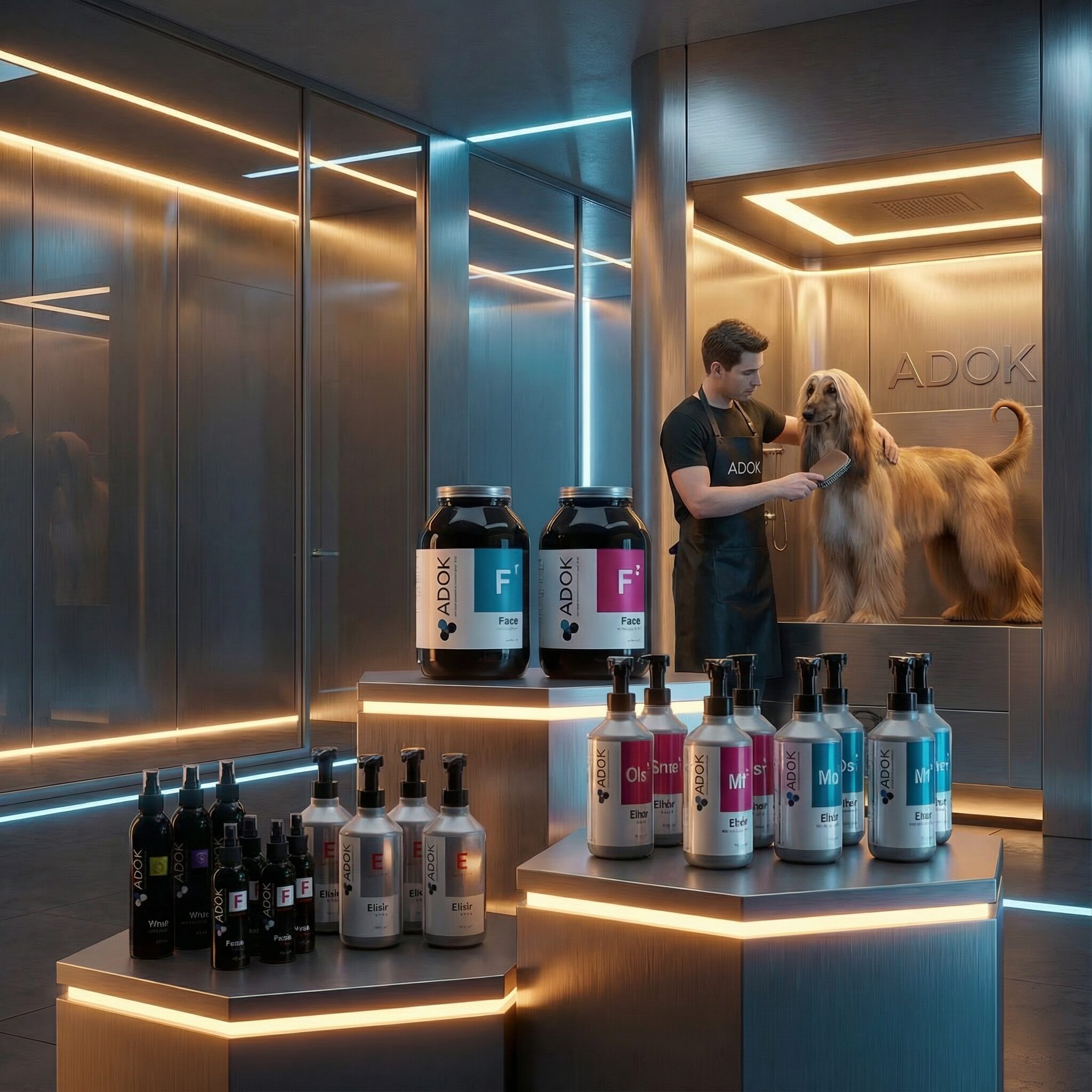 Linea di prodotti ADOK per la cura professionale del cane, con packaging design moderno e branding coordinato in ambiente premium.