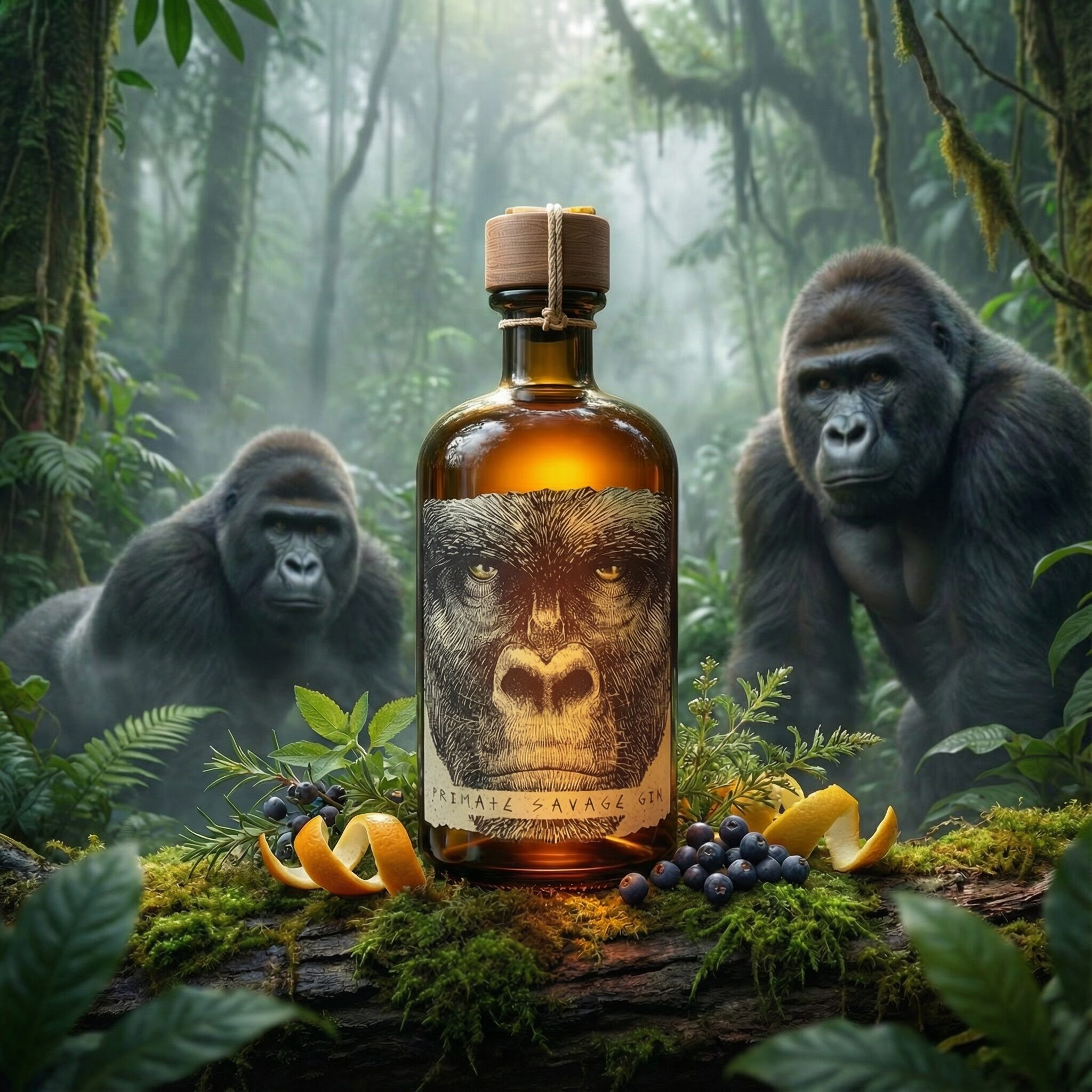 Bottiglia di Primate Savage Gin con etichetta illustrata, ambientata in una foresta tropicale, progetto di labeling realizzato da SiQuis