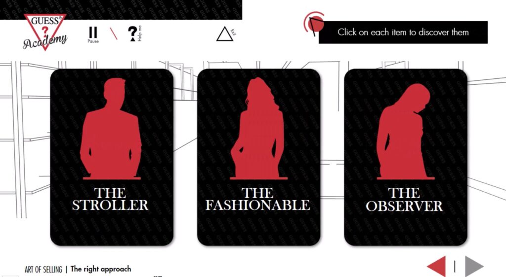 Interfaccia e-learning con carte personaggio e percorsi decisionali, immagine che rappresenta uno scenario ramificato per progetti di digital learning di Siquis.