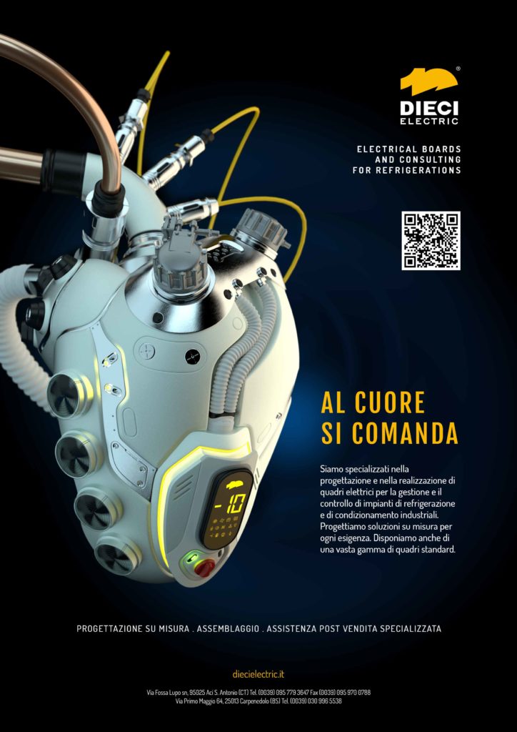 Visual editoriale Dieci Electric con rendering 3D di un quadro elettrico per refrigerazione industriale, progetto di grafica di settore realizzato da SiQuis.