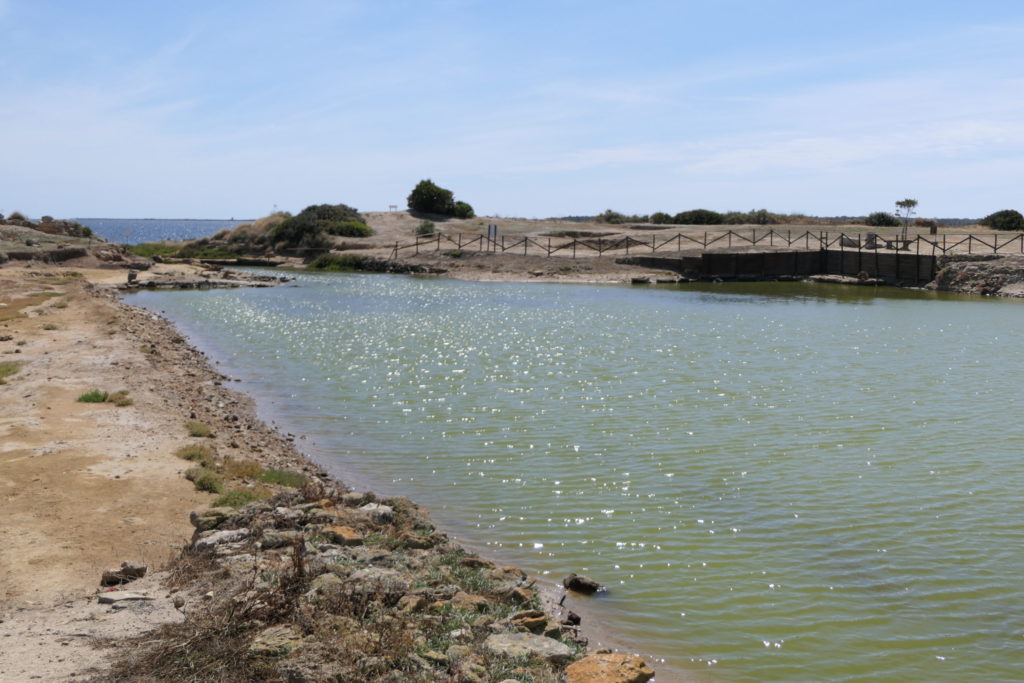 Il Kothon di Mozia, antico bacino portuale sacro fenicio-punico, visto dalla riva con l'area archeologica circostante e il mare all'orizzonte.
